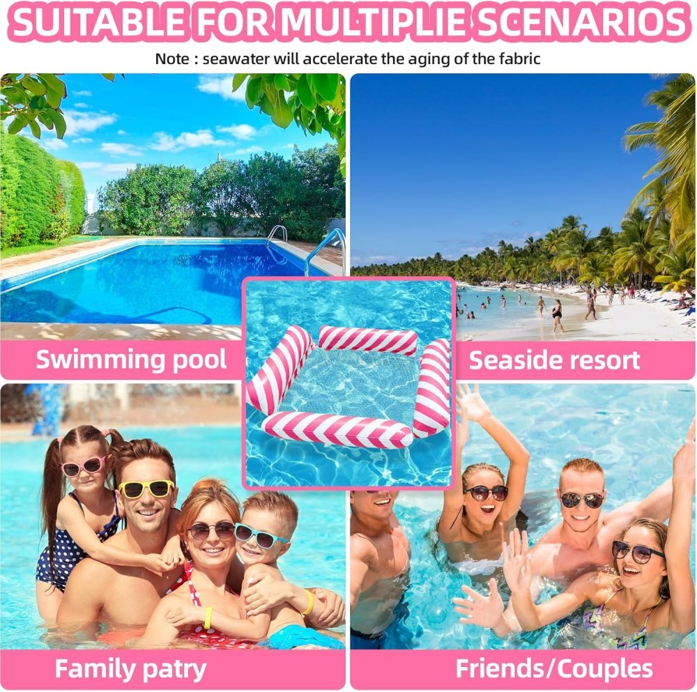 Ikonka Saltea gonflabila pentru plaja si piscina tip hamac cu 4 camere gonflabile pana la 120 kg dimensiune 112 x 112 cm Pink