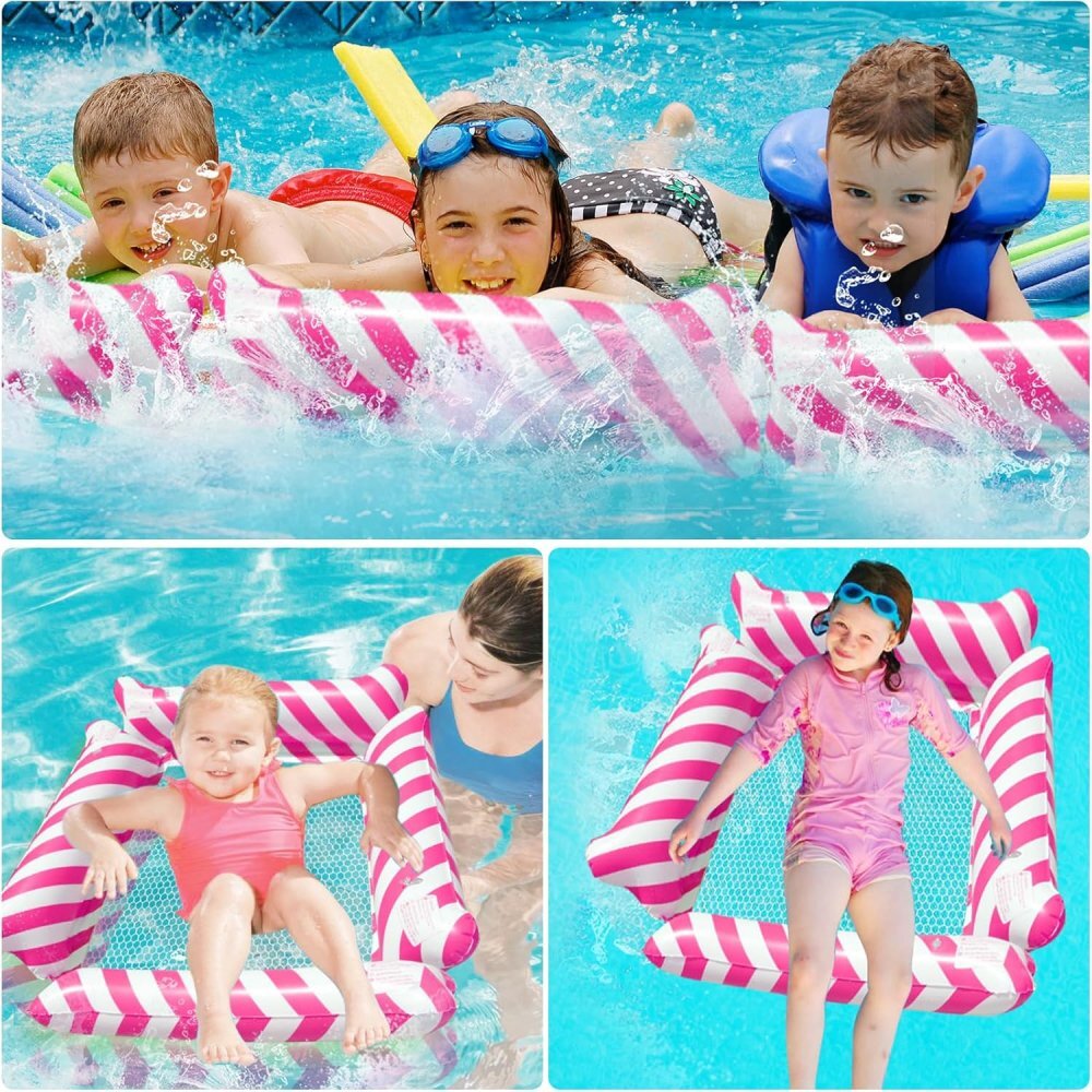 Ikonka Saltea gonflabila pentru plaja si piscina tip hamac cu 4 camere gonflabile pana la 120 kg dimensiune 112 x 112 cm Pink