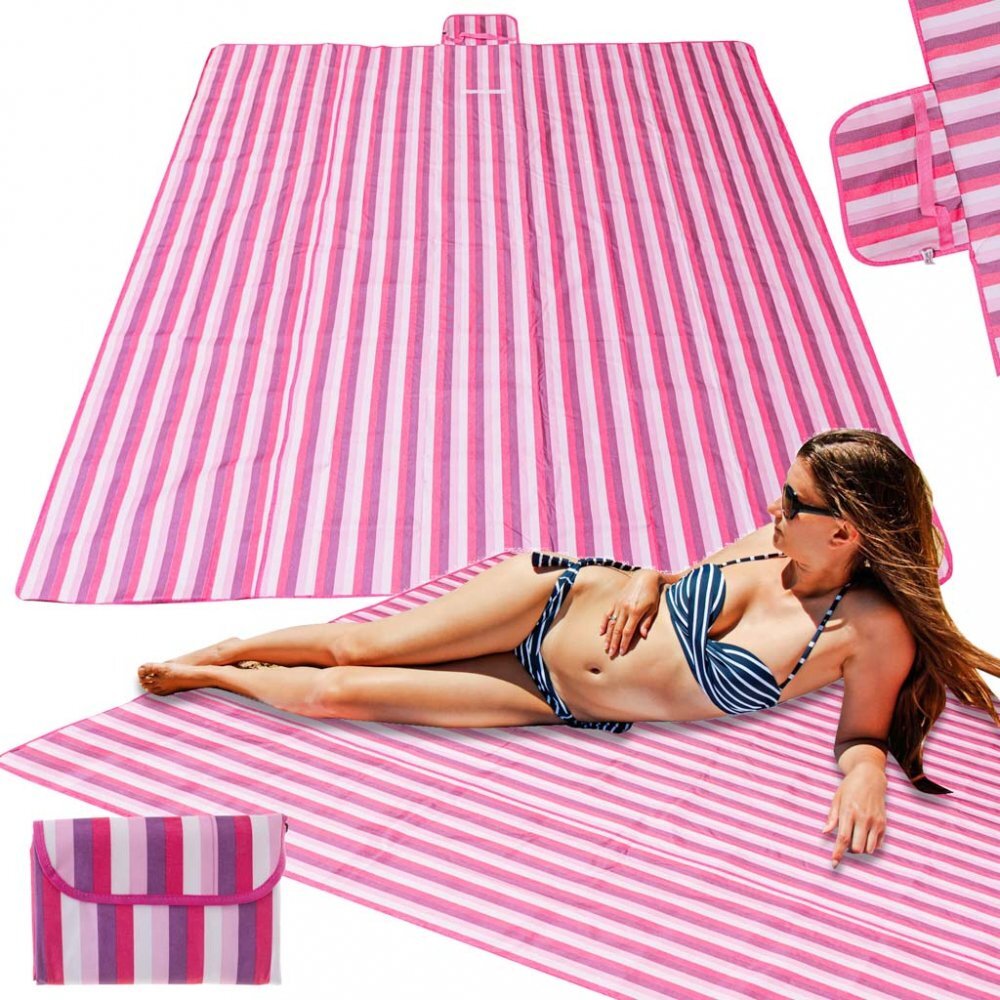 Ikonka Saltea impermeabila de plaja sau picnic 200 x 200 cm Pink Strips