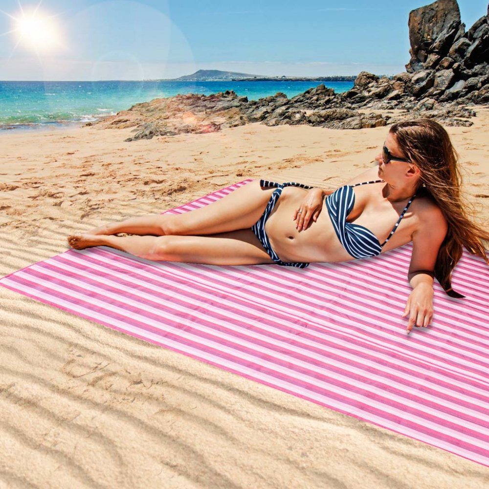 Ikonka Saltea impermeabila de plaja sau picnic 200 x 200 cm Pink Strips
