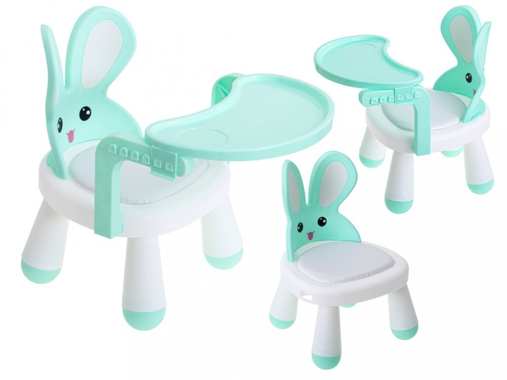 Ikonka Scaun de masa pentru copii 2 in 1 cu tavila reglabila si detasabila sarcina maxima 26 kg dimensiune 31 x 45cm Little Bunny Verde menta