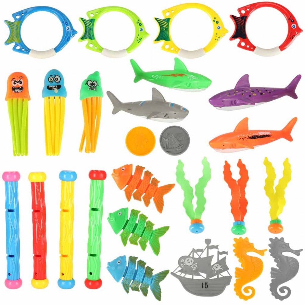 Ikonka Set 27 jucarii de inot pentru copii Water World design atractiv culori veselr si forme marine in saculet de depozitare