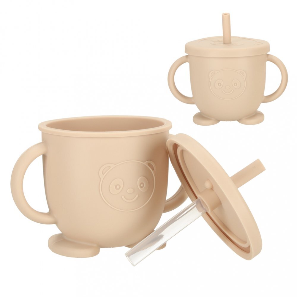 Ikonka Set 8 piese diversificare hrana bebelusi din silicon alimentar durabile si flexibile bol si farfurie cu ventuze tacamuri cana cu pai model Beige Owl