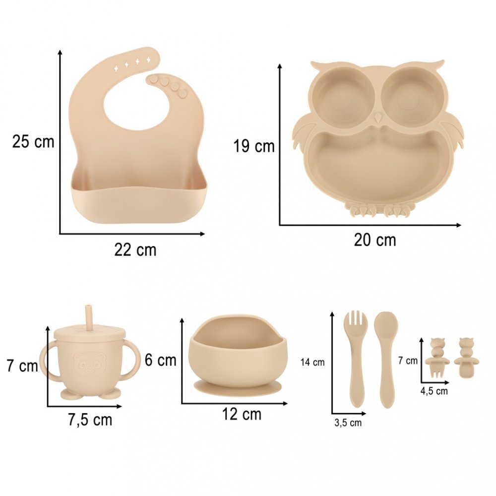 Ikonka Set 8 piese diversificare hrana bebelusi din silicon alimentar durabile si flexibile bol si farfurie cu ventuze tacamuri cana cu pai model Beige Owl