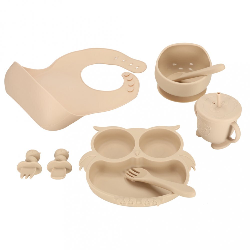 Ikonka Set 8 piese diversificare hrana bebelusi din silicon alimentar durabile si flexibile bol si farfurie cu ventuze tacamuri cana cu pai model Beige Owl