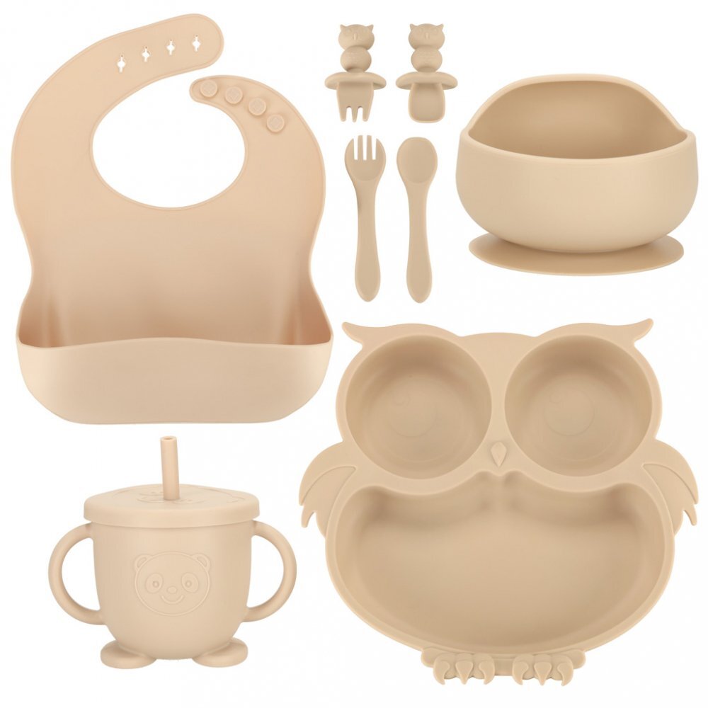 Ikonka Set 8 piese diversificare hrana bebelusi din silicon alimentar durabile si flexibile bol si farfurie cu ventuze tacamuri cana cu pai model Beige Owl