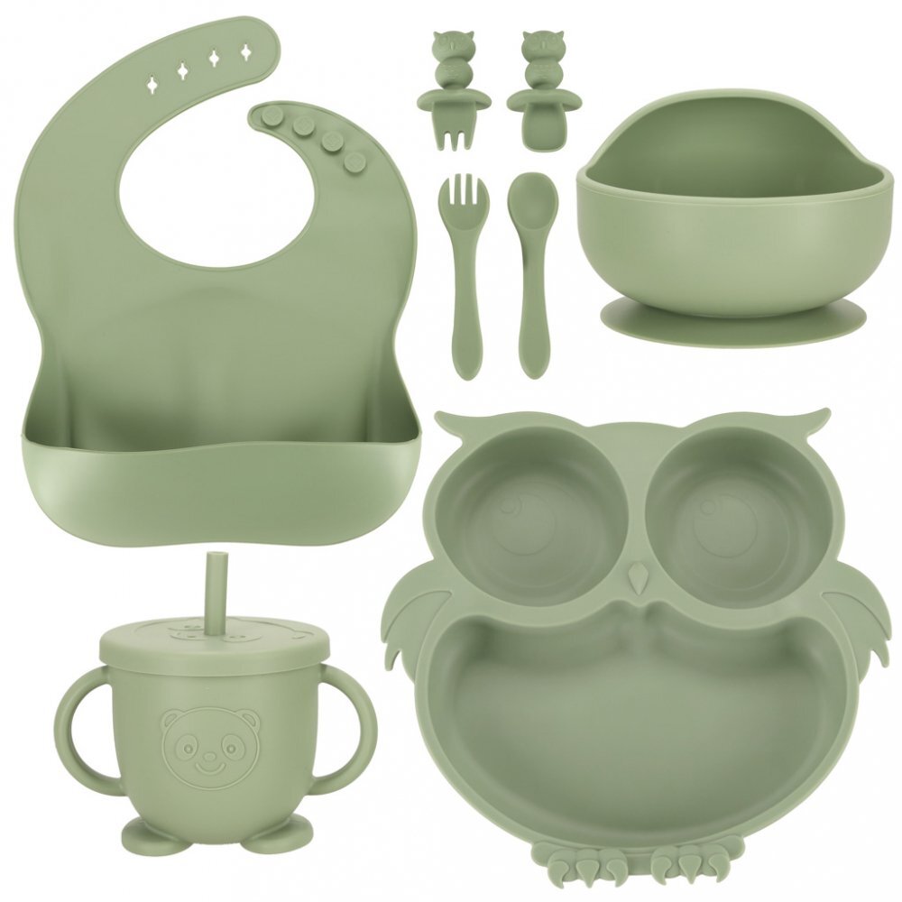 Ikonka Set 8 piese diversificare hrana bebelusi din silicon alimentar durabile si flexibile Bol si farfurie cu ventuze tacamuri Cana cu pai model Green Owl