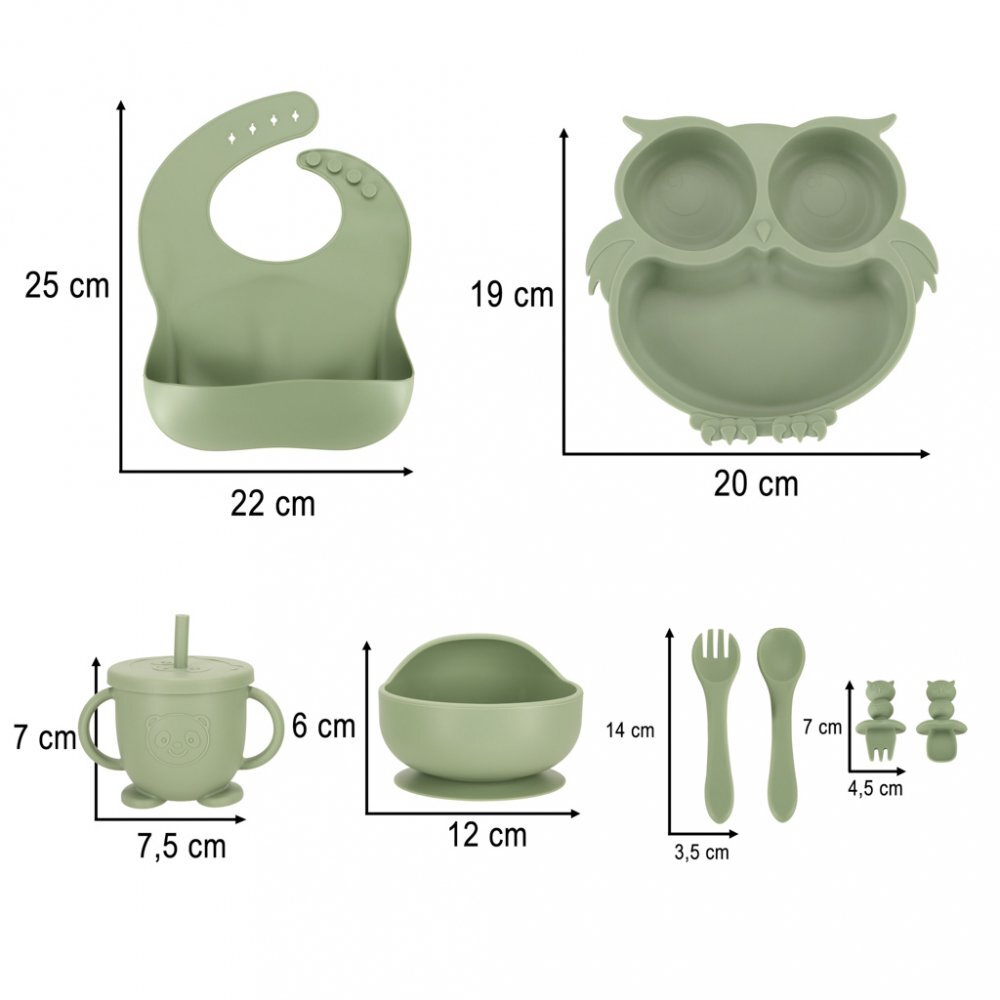 Ikonka Set 8 piese diversificare hrana bebelusi din silicon alimentar durabile si flexibile Bol si farfurie cu ventuze tacamuri Cana cu pai model Green Owl