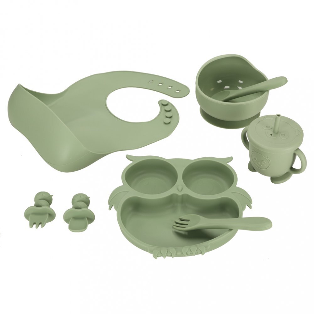 Ikonka Set 8 piese diversificare hrana bebelusi din silicon alimentar durabile si flexibile Bol si farfurie cu ventuze tacamuri Cana cu pai model Green Owl