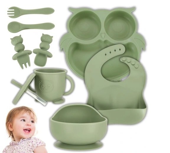 Ikonka Set 8 piese diversificare hrana bebelusi din silicon alimentar durabile si flexibile Bol si farfurie cu ventuze tacamuri Cana cu pai model Green Owl
