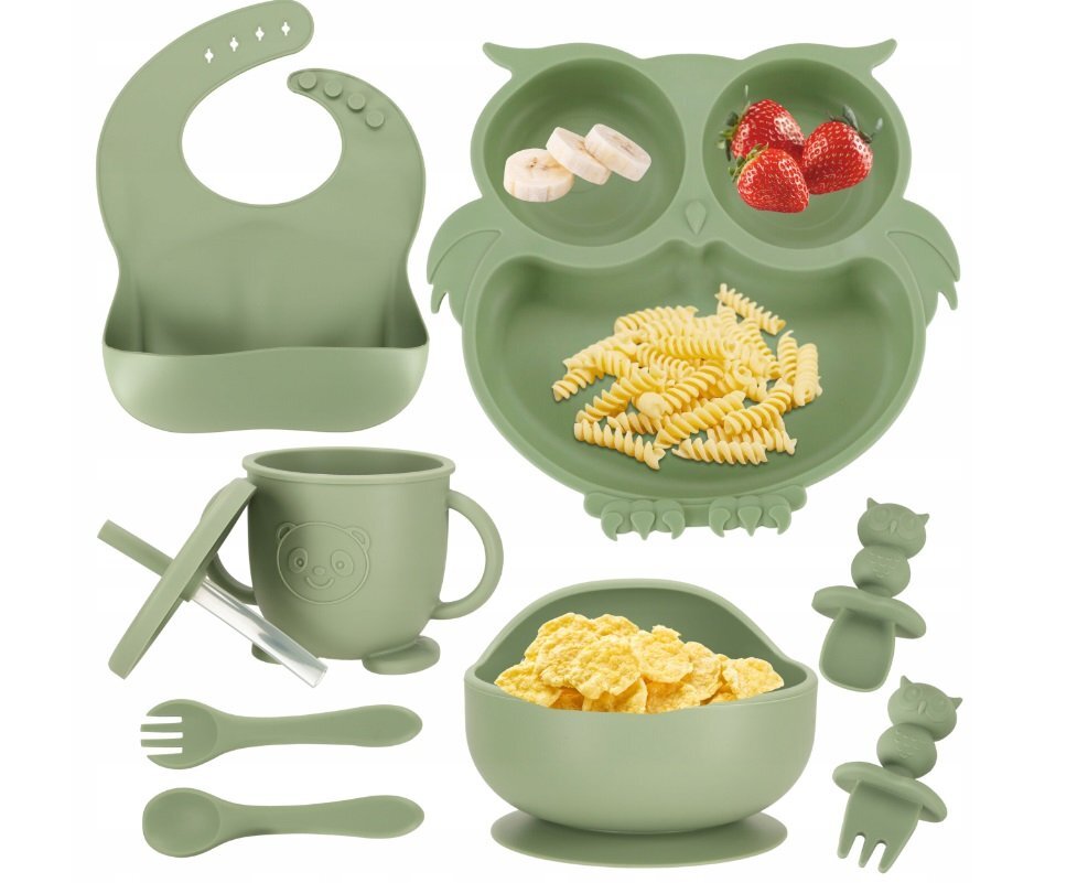 Ikonka Set 8 piese diversificare hrana bebelusi din silicon alimentar durabile si flexibile Bol si farfurie cu ventuze tacamuri Cana cu pai model Green Owl