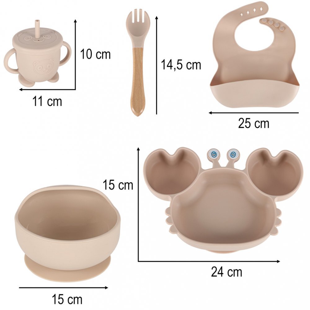 Ikonka Set complet de hranire copii cu 9 piese din silicon pentru diversificare hrana beige Crab