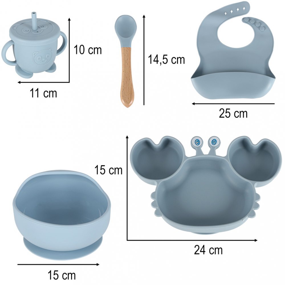 Ikonka Set complet de hranire copii cu 9 piese din silicon pentru diversificare hrana bleumarin Crab