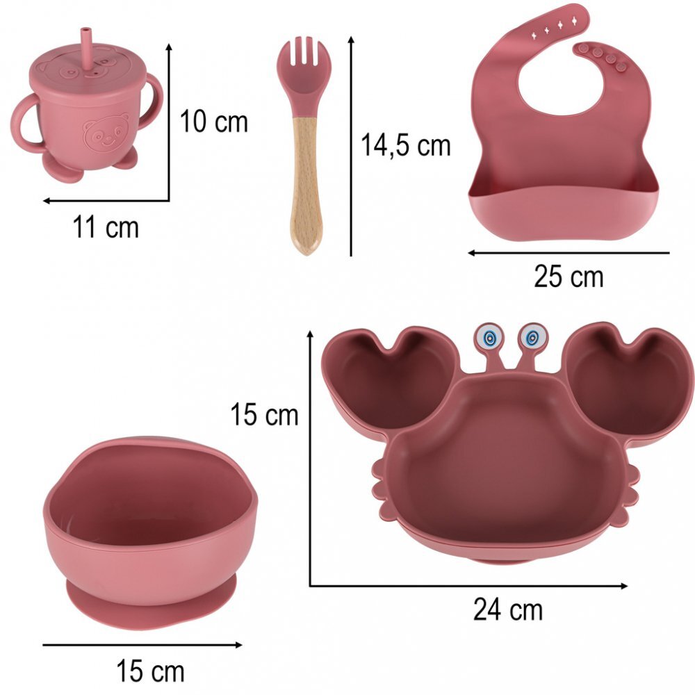Ikonka Set complet de hranire copii cu 9 piese din silicon pentru diversificare hrana pink Crab