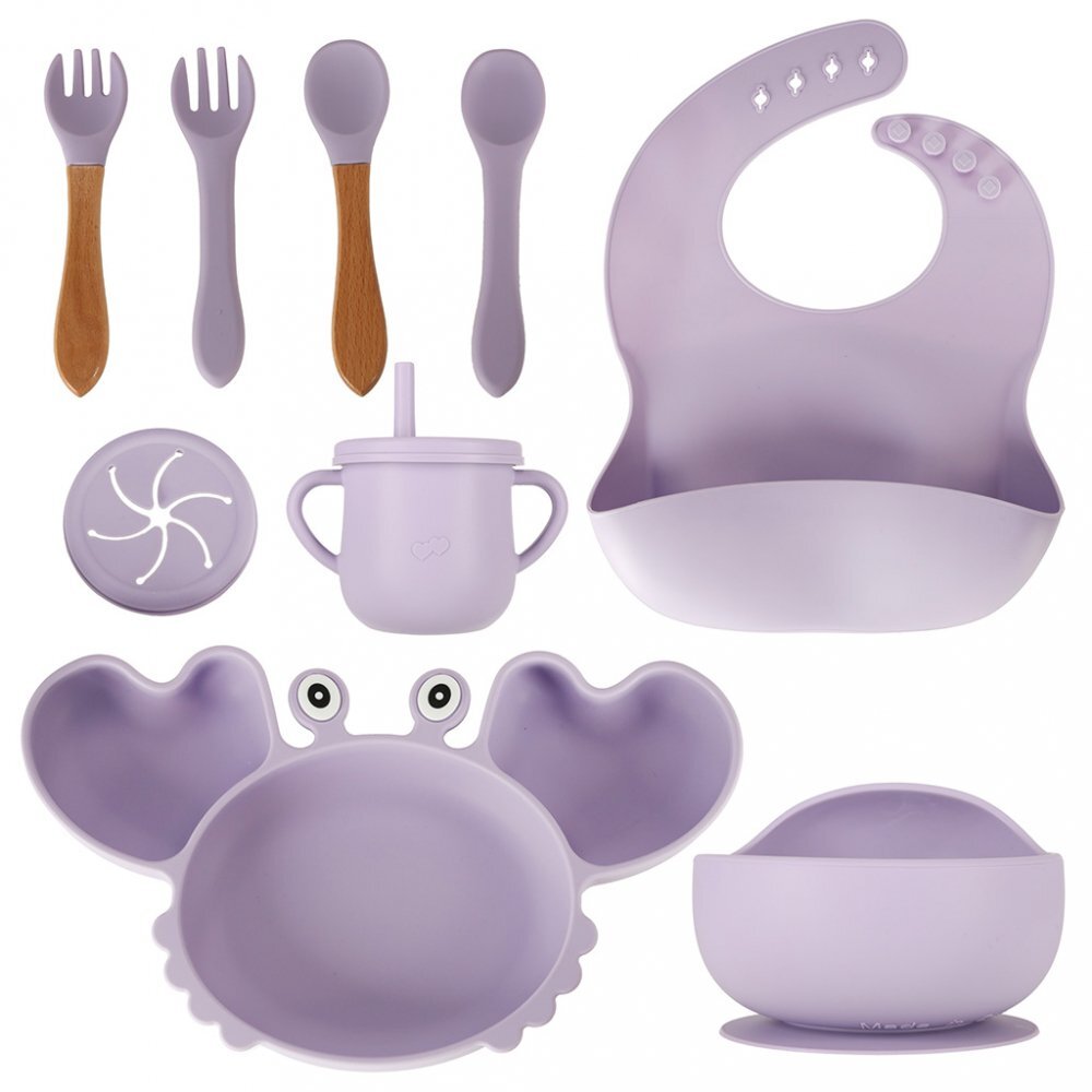 Ikonka Set complet de hranire copii cu 9 piese din silicon pentru diversificare hrana Purple Crab