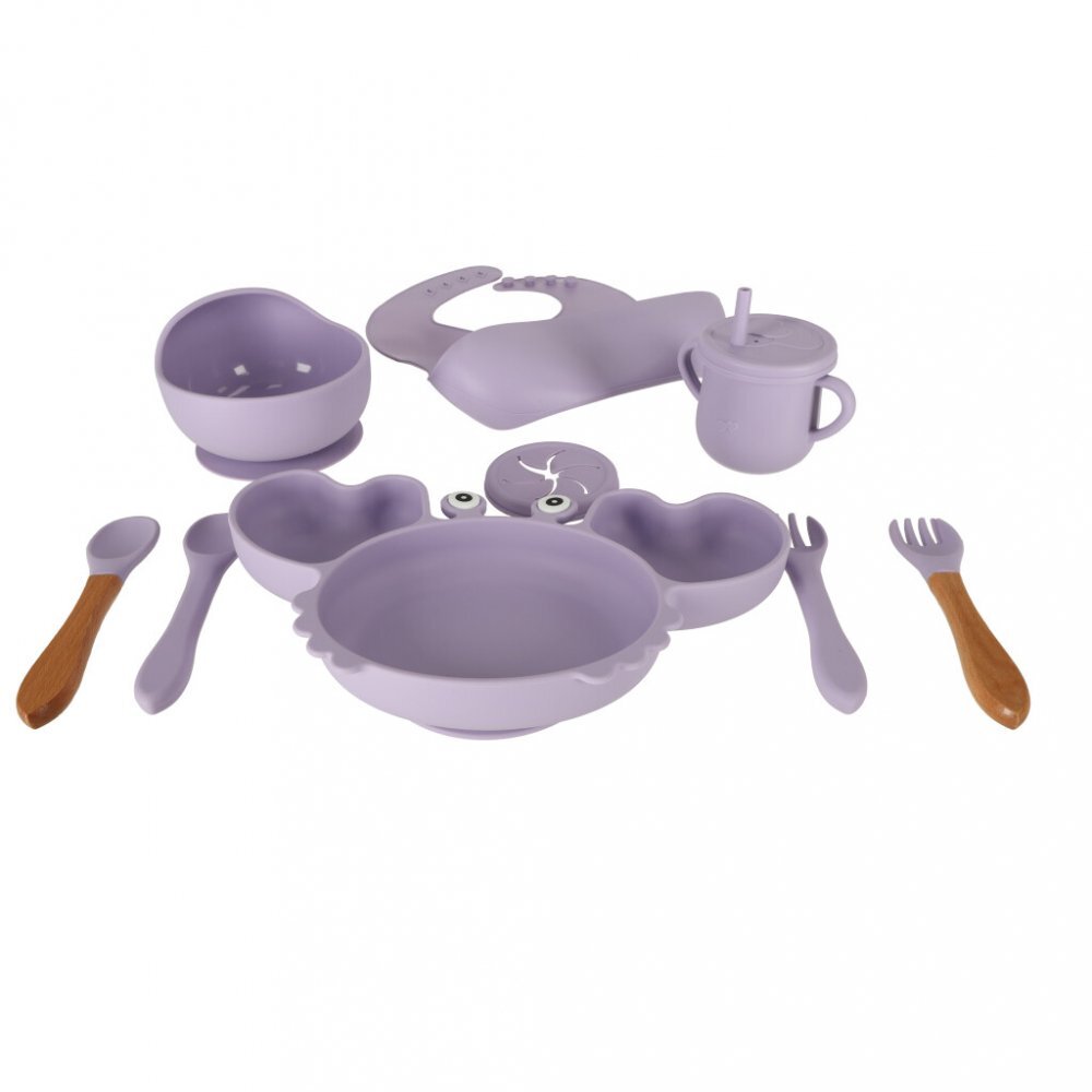 Ikonka Set complet de hranire copii cu 9 piese din silicon pentru diversificare hrana Purple Crab