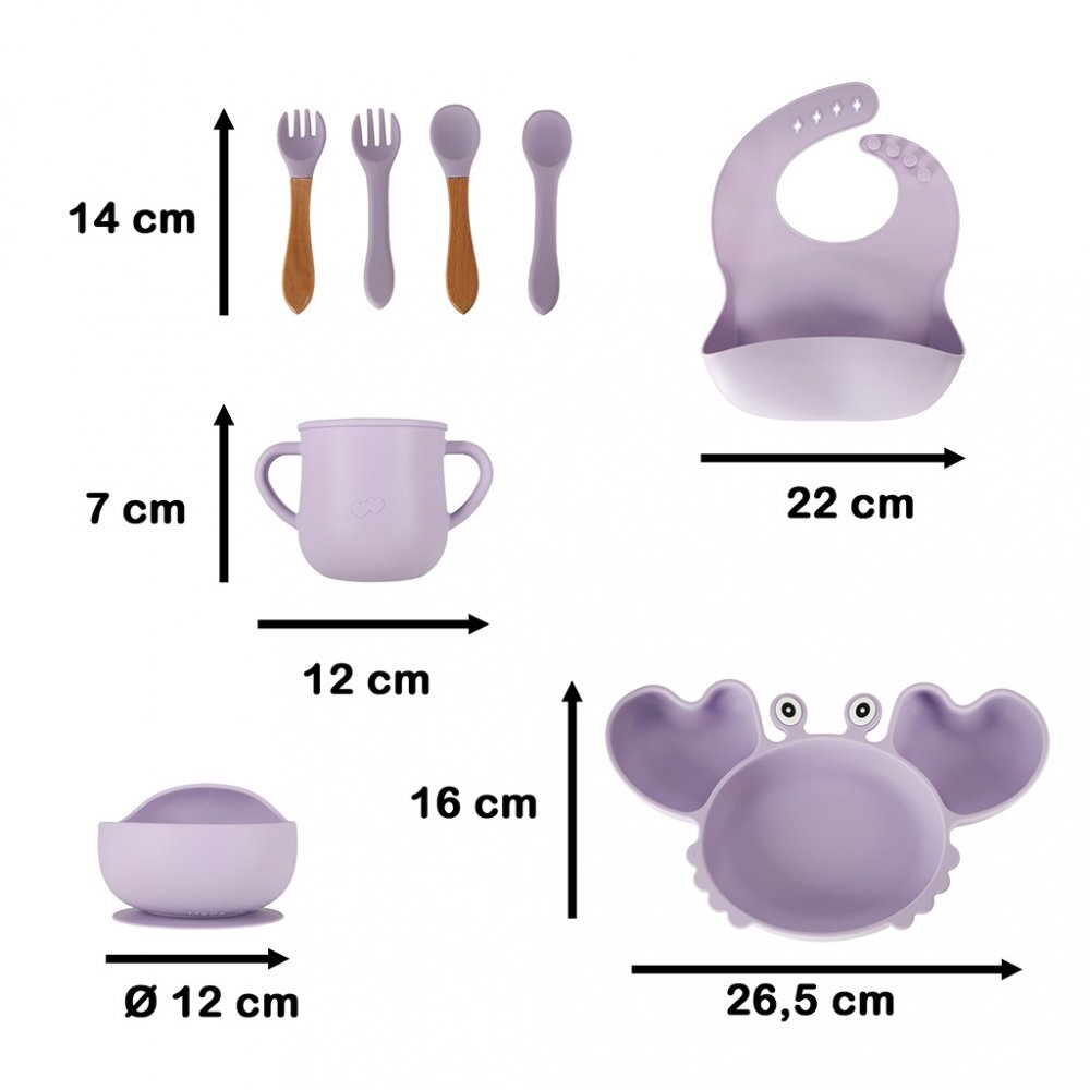 Ikonka Set complet de hranire copii cu 9 piese din silicon pentru diversificare hrana Purple Crab