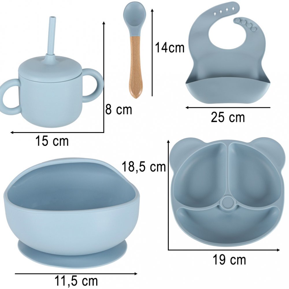 Ikonka Set complet de hranire copii pentru diversificare hrana 8 piese din silicon cu fixare in ventuze blue Teddy