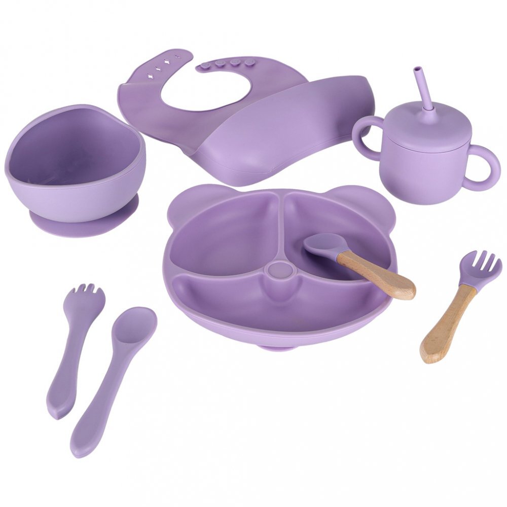 Ikonka Set complet de hranire copii pentru diversificare hrana 8 piese din silicon cu fixare in ventuze purple Teddy