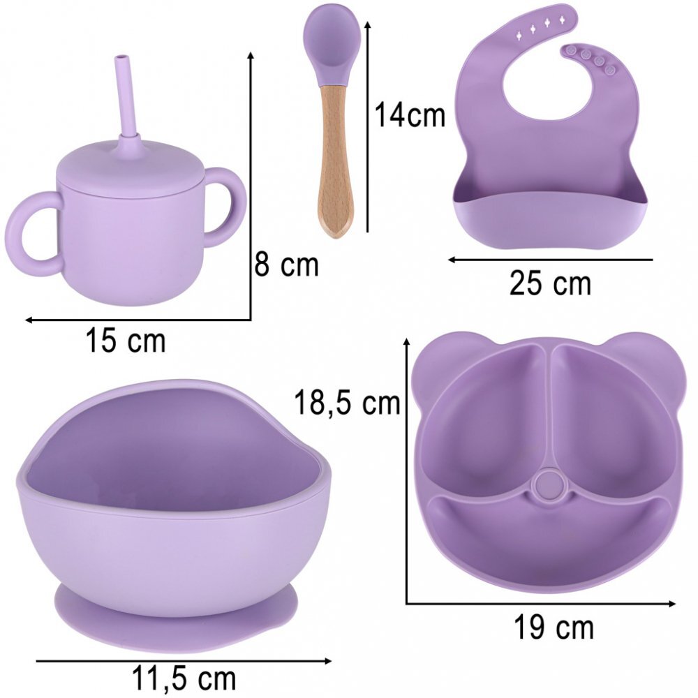 Ikonka Set complet de hranire copii pentru diversificare hrana 8 piese din silicon cu fixare in ventuze purple Teddy