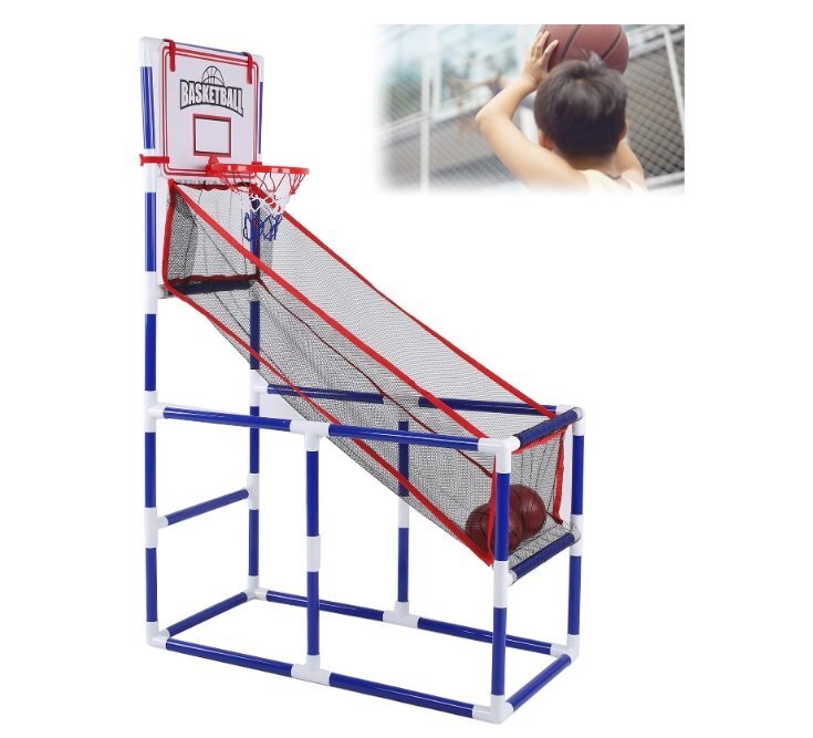 Ikonka Set cos de baschet portabil pentru copii cu panou plasa rezistenta include 2 mingi si pompa dimensiune 58 x 47 x 140 cm