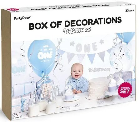 Ikonka Set decoratiuni petrecere First Birthday cu 33 elemente Albastru Argintiu