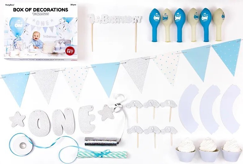 Ikonka Set decoratiuni petrecere First Birthday cu 33 elemente Albastru Argintiu