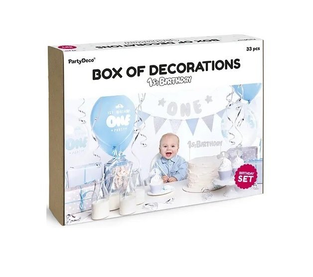 Ikonka Set decoratiuni petrecere First Birthday cu 33 elemente Albastru Argintiu