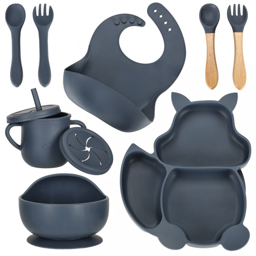 Ikonka Set diversificare hrana bebelusi cu 9 elemente din silicon flexibile fara BPA dark blue Squirrel