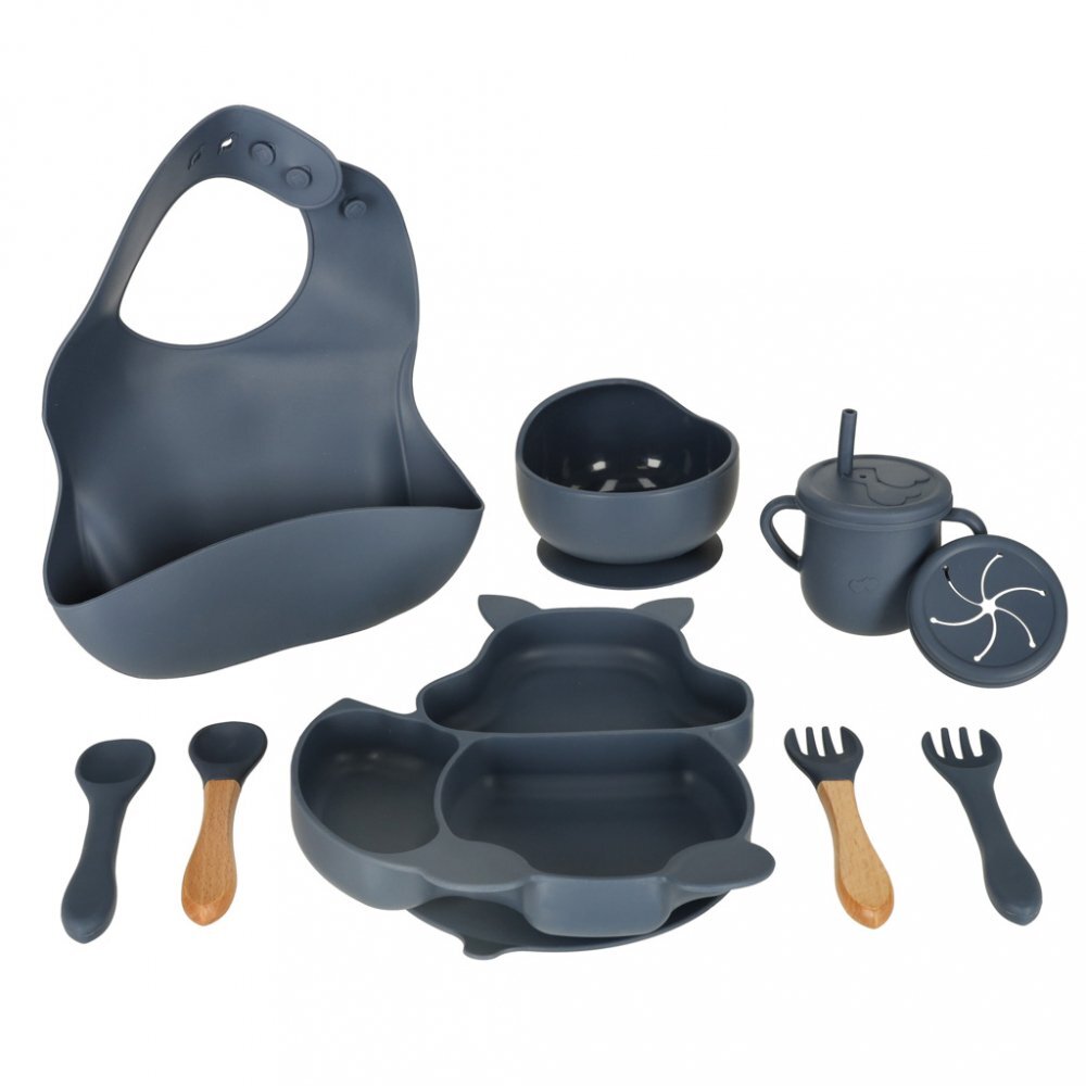 Ikonka Set diversificare hrana bebelusi cu 9 elemente din silicon flexibile fara BPA dark blue Squirrel
