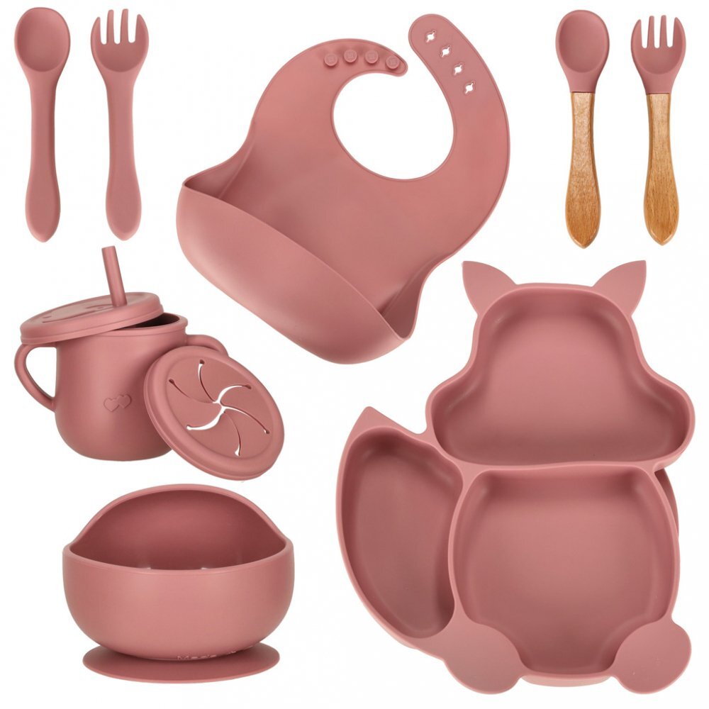 Ikonka Set diversificare hrana bebelusi cu 9 elemente din silicon flexibile fara BPA dark pink Squirrel