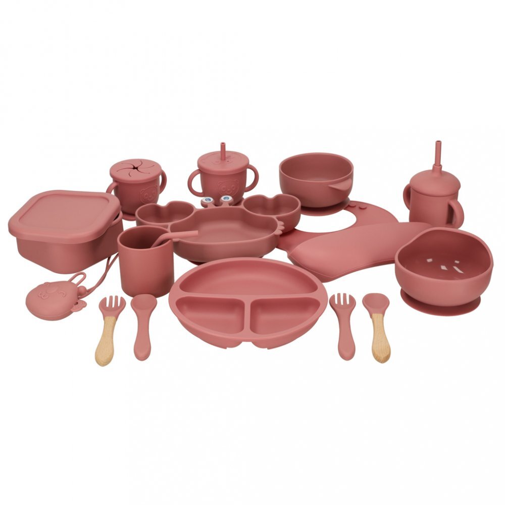 Ikonka Set diversificare hrana bebelusi pink Crab realizate din silicon cu 19 elemente