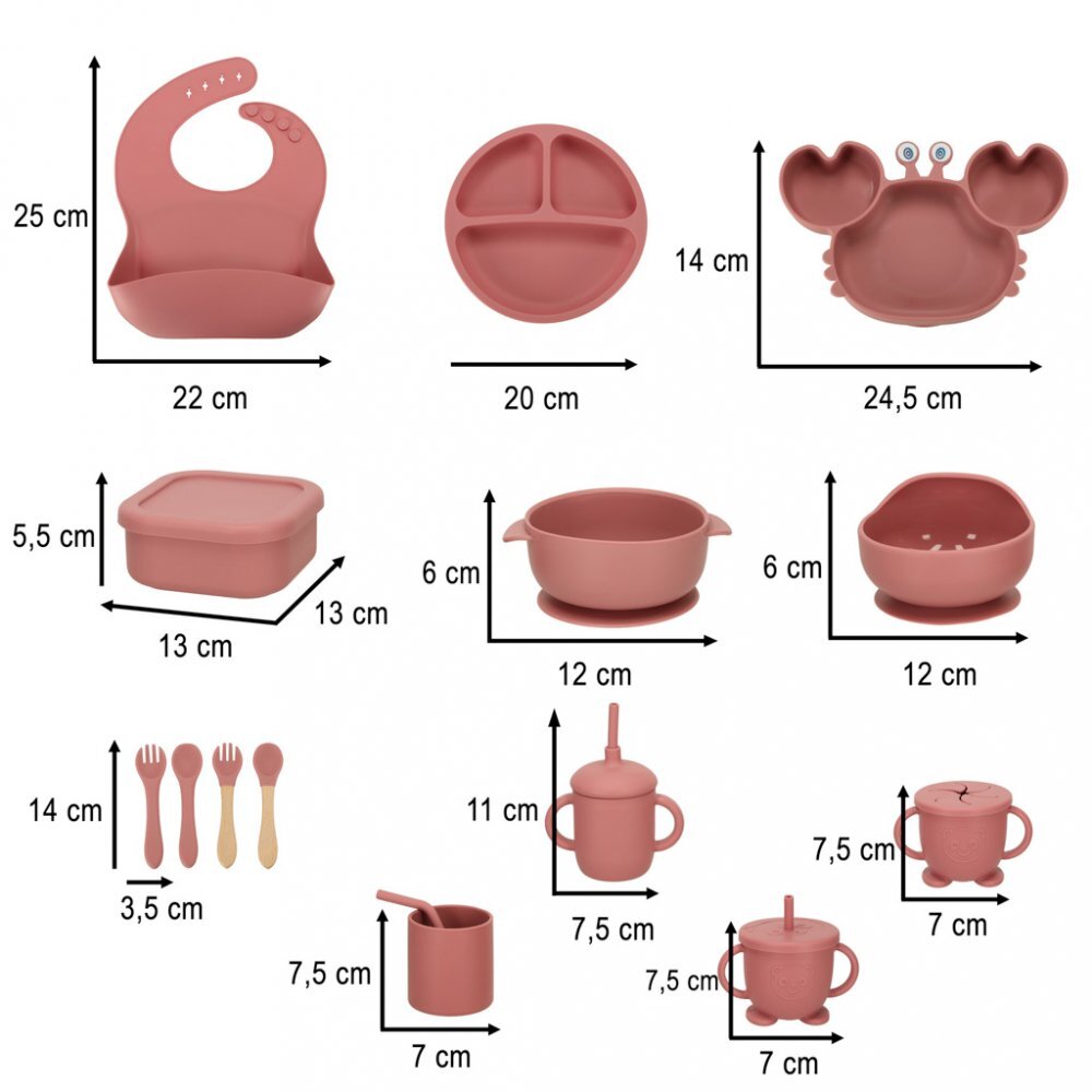 Ikonka Set diversificare hrana bebelusi pink Crab realizate din silicon cu 19 elemente