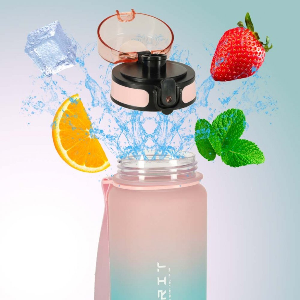 Ikonka Sticla de apa motivationala bluepink cu marcaje de timp si volum capac anti-scurgere capacitate 600 ml
