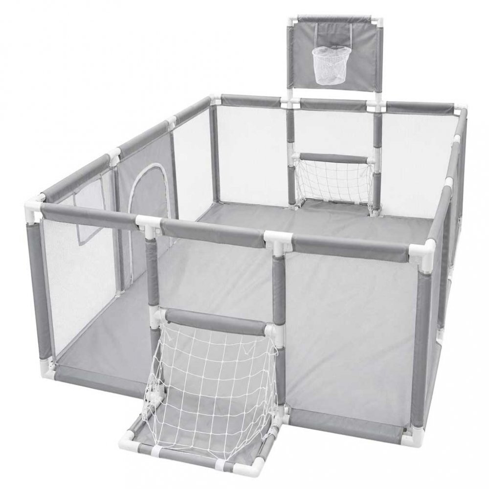 Ikonka Tarc de joaca pentru copii Grey design modern si sigur acces mare cu fermoar porti de fotbal si cos de baschet integrate dimensiune 120 x 180 cm