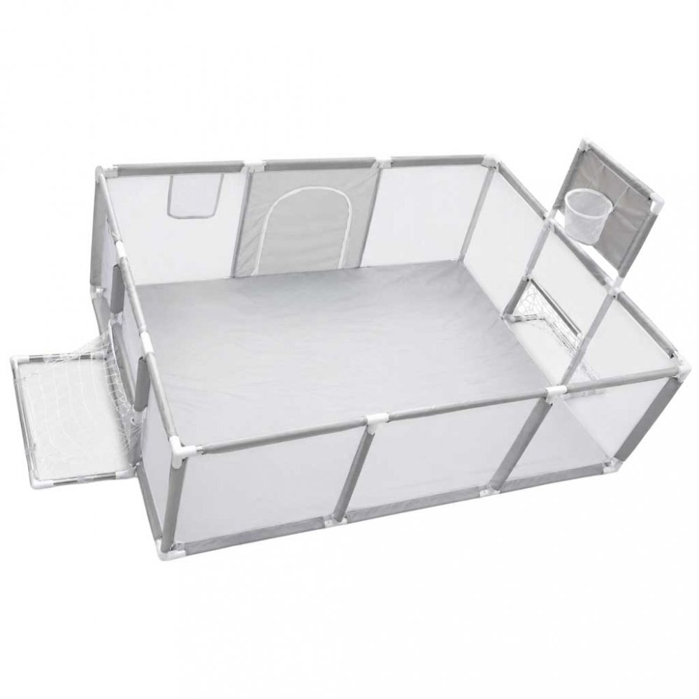 Ikonka Tarc de joaca pentru copii Grey design modern si sigur acces mare cu fermoar porti de fotbal si cos de baschet integrate dimensiune 120 x 180 cm