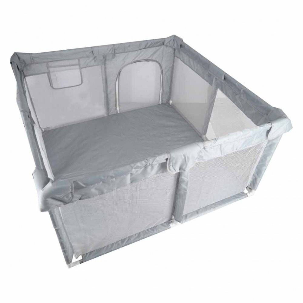 Ikonka Tarc de joaca pentru copii prevazut cu fereastra de acces cu fermoar cadru din otel asamblare simpla dimensiune 120 x 120 cm Grey