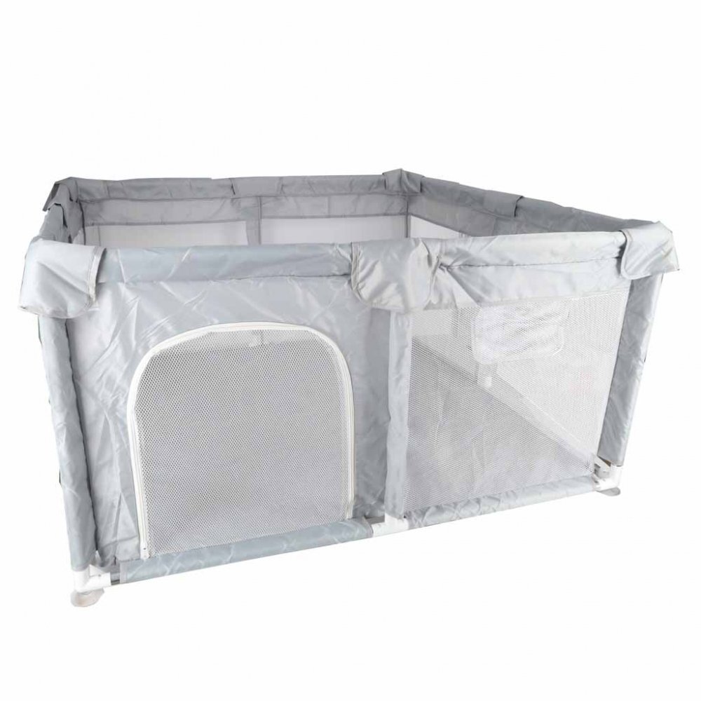 Ikonka Tarc de joaca pentru copii prevazut cu fereastra de acces cu fermoar cadru din otel asamblare simpla dimensiune 120 x 120 cm Grey