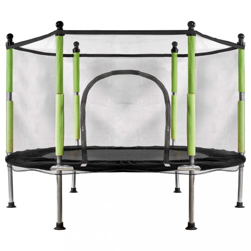 Ikonka Trambulina de gradina pentru copii BlackGreen diametru 140 cm cadru metalic solid cu plasa de siguranta si intrare cu fermoar 10 bilute multicolore incluse