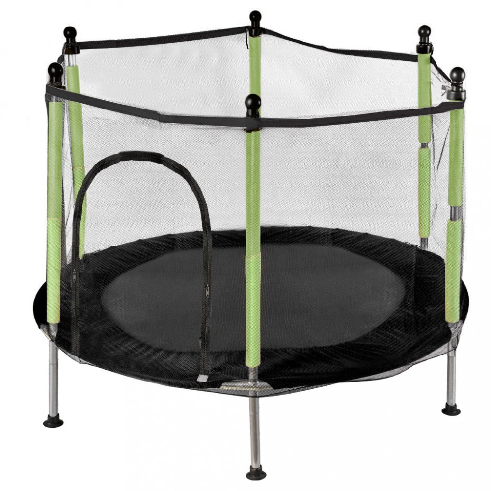 Ikonka Trambulina de gradina pentru copii BlackGreen diametru 140 cm cadru metalic solid cu plasa de siguranta si intrare cu fermoar 10 bilute multicolore incluse