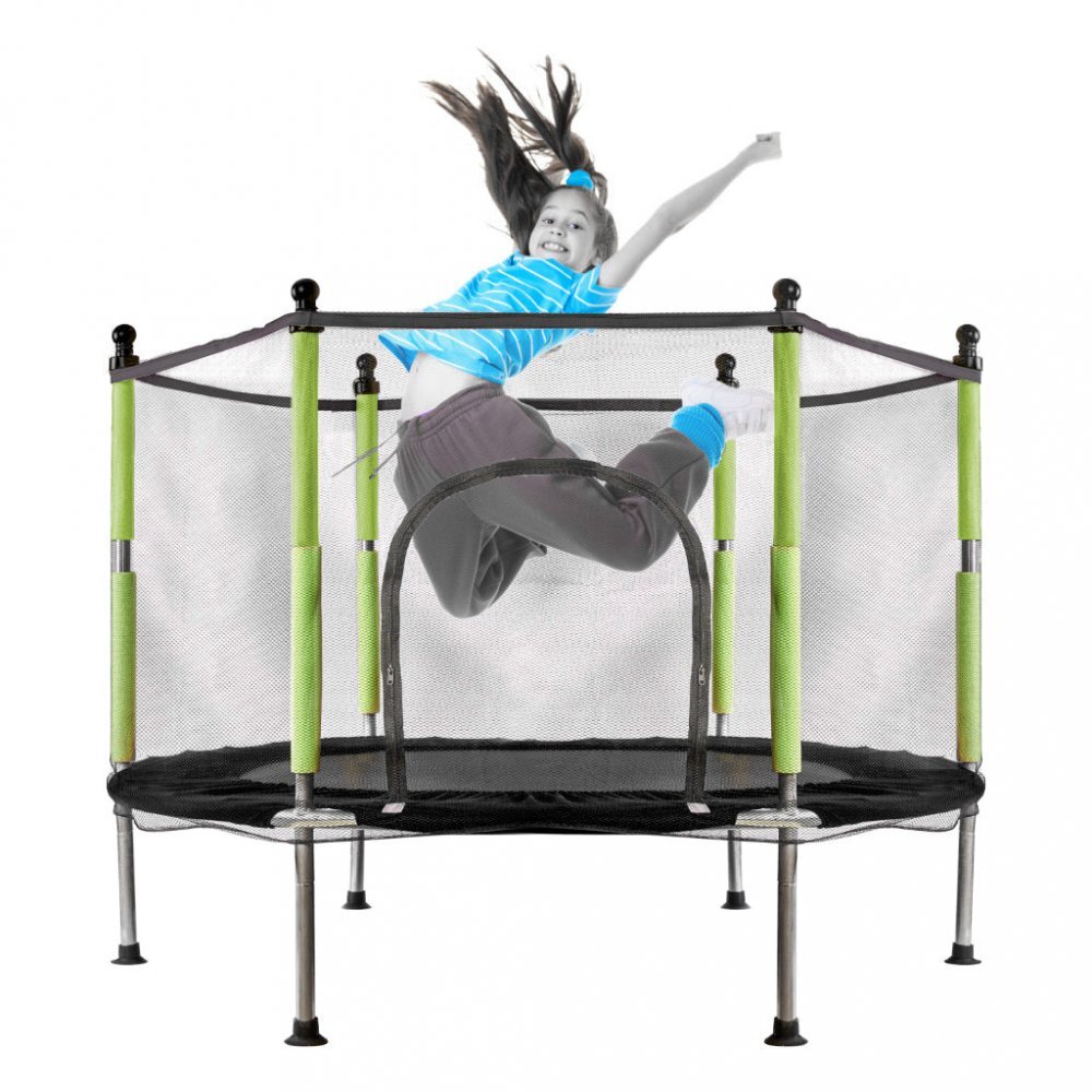 Ikonka Trambulina de gradina pentru copii BlackGreen diametru 140 cm cadru metalic solid cu plasa de siguranta si intrare cu fermoar 10 bilute multicolore incluse