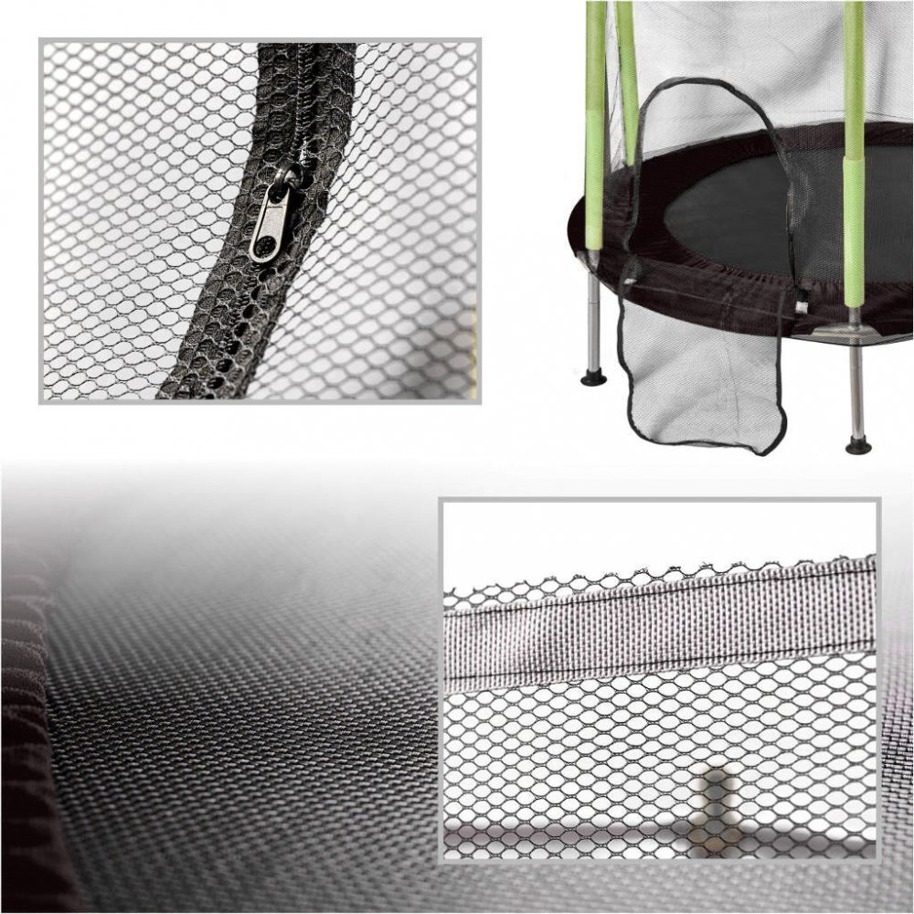 Ikonka Trambulina de gradina pentru copii BlackGreen diametru 140 cm cadru metalic solid cu plasa de siguranta si intrare cu fermoar 10 bilute multicolore incluse