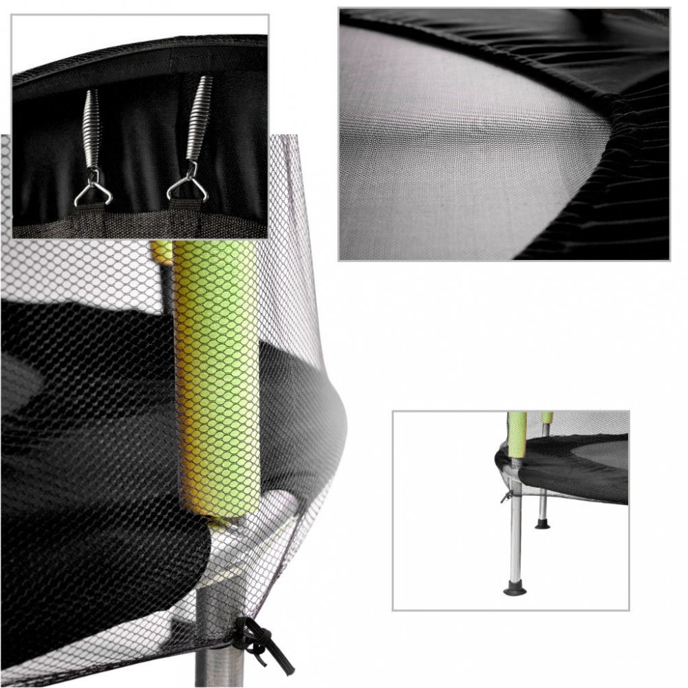 Ikonka Trambulina de gradina pentru copii BlackGreen diametru 140 cm cadru metalic solid cu plasa de siguranta si intrare cu fermoar 10 bilute multicolore incluse