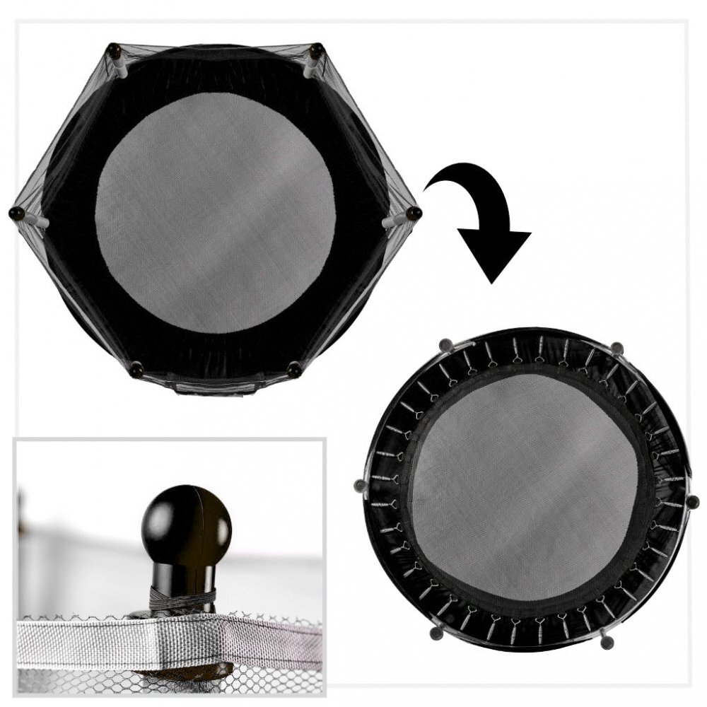 Ikonka Trambulina de gradina pentru copii BlackGreen diametru 140 cm cadru metalic solid cu plasa de siguranta si intrare cu fermoar 10 bilute multicolore incluse