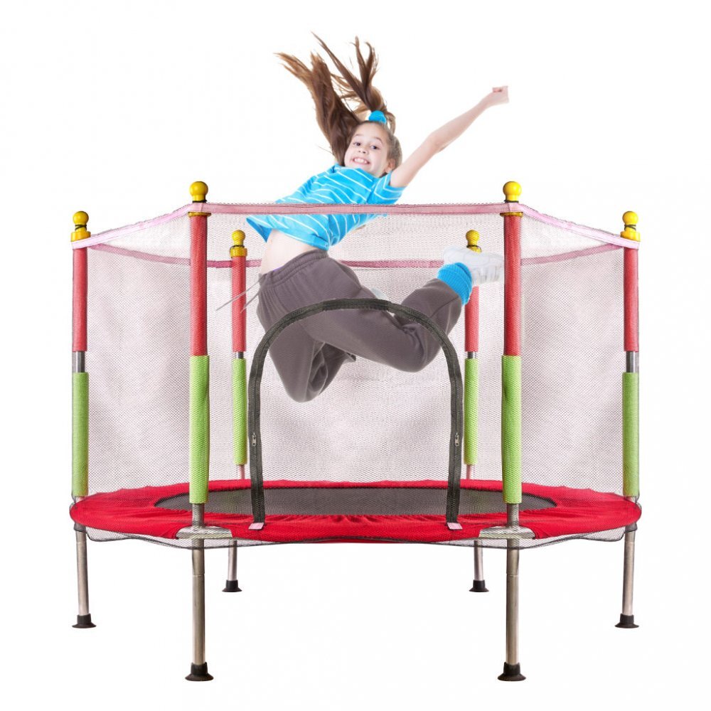 Ikonka Trambulina de gradina pentru copii RedGreen diametru 140 cm cadru metalic solid cu plasa de siguranta si intrare cu fermoar 10 bilute multicolore incluse