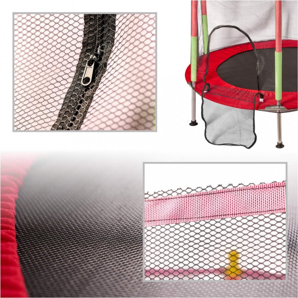 Ikonka Trambulina de gradina pentru copii RedGreen diametru 140 cm cadru metalic solid cu plasa de siguranta si intrare cu fermoar 10 bilute multicolore incluse