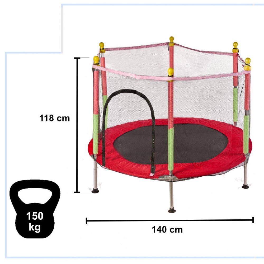 Ikonka Trambulina de gradina pentru copii RedGreen diametru 140 cm cadru metalic solid cu plasa de siguranta si intrare cu fermoar 10 bilute multicolore incluse