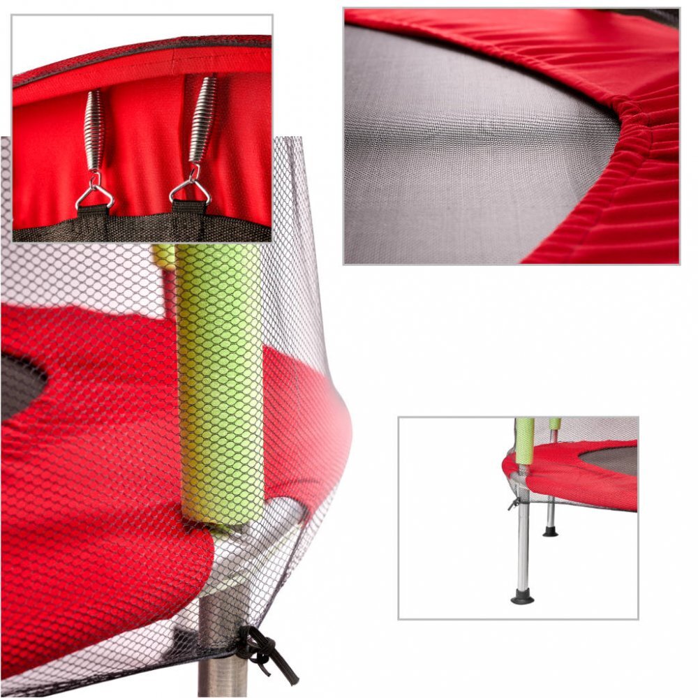 Ikonka Trambulina de gradina pentru copii RedGreen diametru 140 cm cadru metalic solid cu plasa de siguranta si intrare cu fermoar 10 bilute multicolore incluse