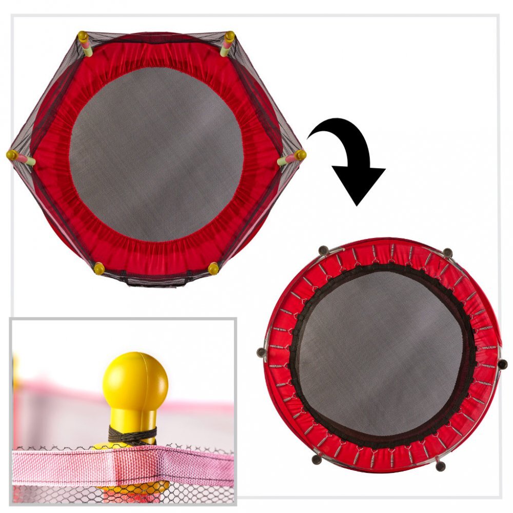 Ikonka Trambulina de gradina pentru copii RedGreen diametru 140 cm cadru metalic solid cu plasa de siguranta si intrare cu fermoar 10 bilute multicolore incluse