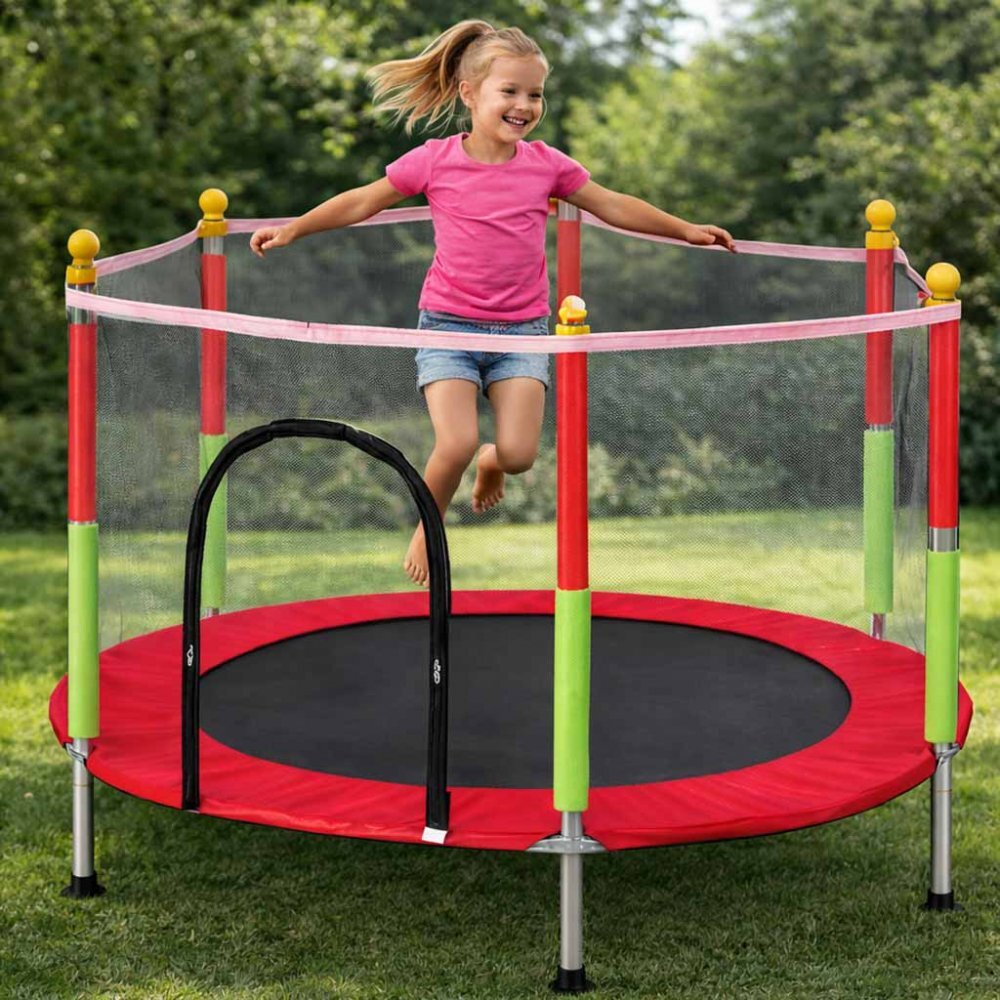 Ikonka Trambulina de gradina pentru copii RedGreen diametru 140 cm cadru metalic solid cu plasa de siguranta si intrare cu fermoar 10 bilute multicolore incluse